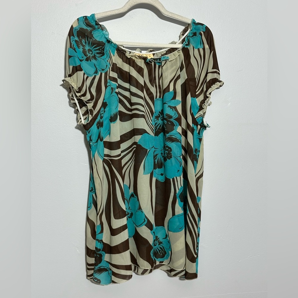 MG Women Women’s 2X Sheer Brown Teal Short Sleeve Floral Blouse | SKU 0873